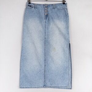 Vtg Squeeze Denim Maxi Skirt Womens 11/12 Blue Button Front Slit Y2K 90s *